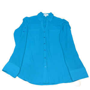 Express Portofino Shirt Women's XS Teal Blue Button Blouse Roll Tab Sleeves